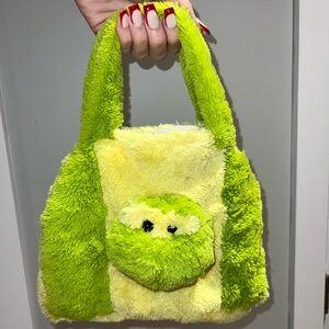 Y2K Faux Fur Frog Plush Bag Green And Yellow Fun Plushy Purse Soft Cute